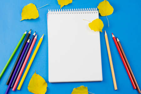 Blank notebook with colored pencils on blue background. View from above. Place for your text. Education concept.の写真素材