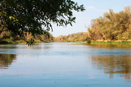 A wide river against the background of the autumn bank with many trees. Nature concept.の写真素材