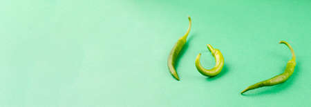 three small green chili peppers with a place under the text lie on a green pastel background, top view. Food background, concept of asian spicy foodの写真素材