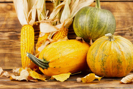 Yellow and green pumpkins with corn on a wooden background. Autumn harvest concept. Autumn still life.の写真素材