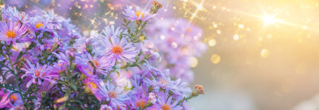 Beautiful wild flowers, purple wild peas, nature close-up macro. Landscape wide format, copy space, warm yellow tones. photo bannerの写真素材
