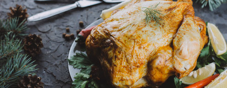 Roasted turkey or chicken. The Christmas table is served with a turkey decorated with bright tinsel. Fried chicken. table setting. Christmas dinner. Photo banner. top view on wooden backgroundの写真素材