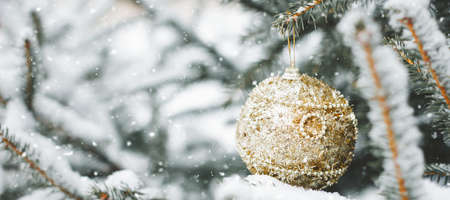Background of winter Christmas holiday - toys on a branch of a Christmas tree and a blurred snowy background in the background, photo banner with copy space.の写真素材
