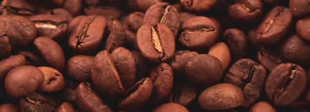 Coffee lover view of roasted coffee beans for background and texture. Dumped roasted coffee beans can be used as background and texture. Photo banner. roasted coffeeの写真素材