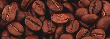 Coffee lover view of roasted coffee beans for background and texture. Dumped roasted coffee beans can be used as background and texture. Photo banner. roasted coffeeの写真素材