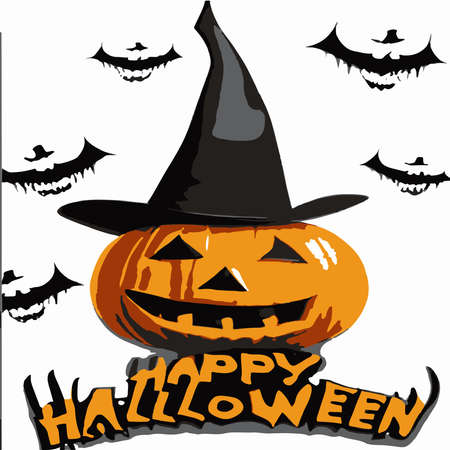 vintage style poster for halloween concept with scary pumpkin and gothic castle with inscription happy halloween. Vector illustration, poster advertising, greeting card, party invitation.のイラスト素材