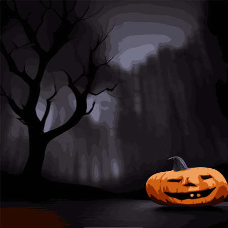 autumn vintage evil pumpkins in gloomy dark styles for halloween on the background of a cemetery and forest. Autumn holidays.のイラスト素材