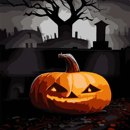 Halloween pumpkin with a scary face, evil pumpkins in a gloomy dark style for halloween on the background of a cemetery and a forest. Autumn holidays. Vector illustration EPS10, pumpkin backgroundのイラスト素材