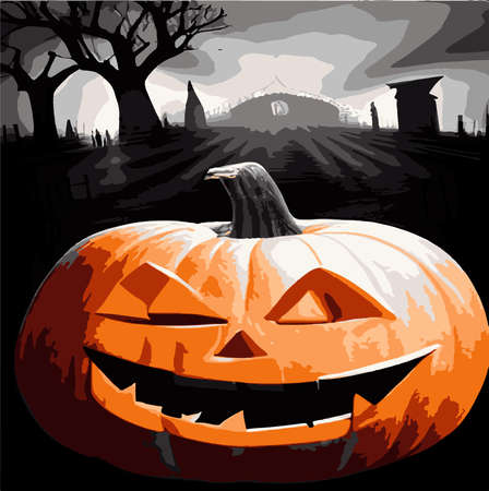 Halloween pumpkin with a scary face, evil pumpkins in a gloomy dark style for halloween on the background of a cemetery and a forest. Autumn holidays. Vector illustration EPS10, pumpkin backgroundのイラスト素材