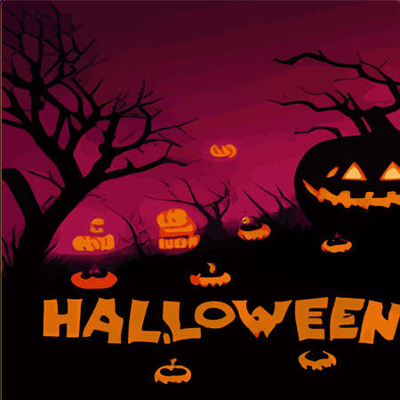 Halloween pumpkin with a scary face, evil pumpkins in a gloomy dark style for halloween on the background of a cemetery and a forest. Autumn holidays. Vector illustration EPS10, pumpkin backgroundのイラスト素材