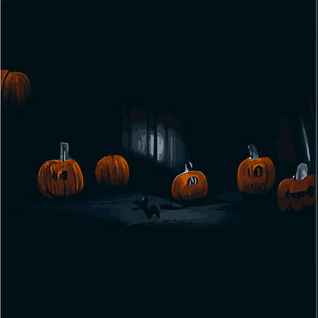 Halloween pumpkin with a scary face, evil pumpkins in a gloomy dark style for halloween on the background of a cemetery and a forest. Autumn holidays. Vector illustration EPS10, pumpkin backgroundのイラスト素材