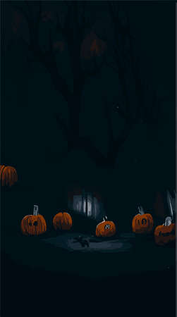 Halloween Background in vintage dark style pumpkin on the front of a dark cemetery. Greeting card for party and sale in vertical format. Autumn holidays. EPS10 vector illustrationのイラスト素材