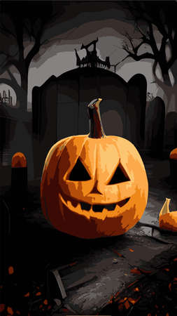 Halloween Background in vintage dark style pumpkin on the front of a dark cemetery. Greeting card for party and sale in vertical format. Autumn holidays. EPS10 vector illustrationのイラスト素材