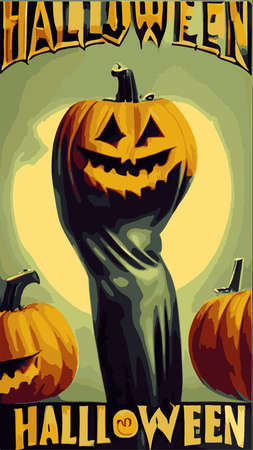 Happy Halloween Paper art banner poster in vintage style with cartoon silhouettes on blots background with realistic pumpkins. Vector illustration. in retro style. Halloween Ticket Partyのイラスト素材