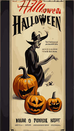 vintage style poster for halloween concept with scary pumpkin and gothic castle with inscription happy halloween. Vector illustration, poster advertising, greeting card, party invitation.のイラスト素材