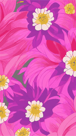 Vector bright drawing with stylized pink flowers. Cute summer background with flowers pattern. Floral pattern for fabric and paper with a spring and summer vibe. bright floral spots. Vertical Formatのイラスト素材