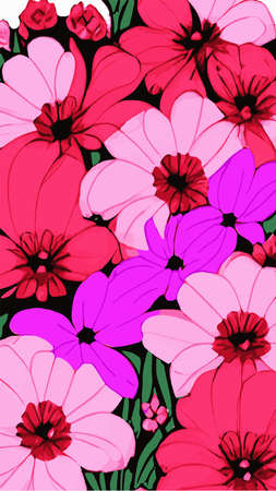 Vector bright drawing with stylized pink flowers. Cute summer background with flowers pattern. Floral pattern for fabric and paper with a spring and summer vibe. bright floral spots. Vertical Formatのイラスト素材