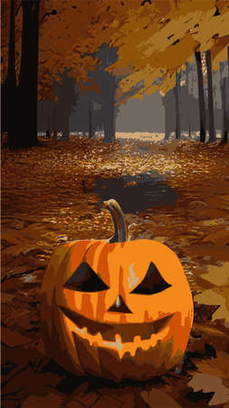 main symbol happy Halloween holiday. Orange pumpkin with a smile and a grimace for your design for a festive Halloween. Vector illustration. vertical composition, Vintage evil pumpkin in dark styleのイラスト素材