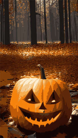 main symbol happy Halloween holiday. Orange pumpkin with a smile and a grimace for your design for a festive Halloween. Vector illustration. vertical composition, Vintage evil pumpkin in dark styleのイラスト素材
