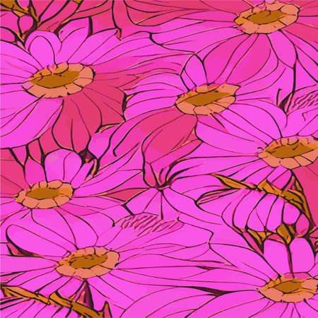 Trendy bright floral drawing pattern in many kinds of colors. Botanical motifs are scattered randomly. vector texture. For fashion imprint. Bright pink and red decorative flowers. Vintage wild flowersのイラスト素材