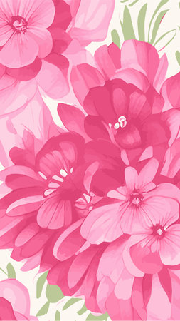Vector bright drawing with stylized pink flowers. Cute summer background with flowers pattern. Floral pattern for fabric and paper with a spring and summer vibe. bright floral spots. Vertical Formatのイラスト素材
