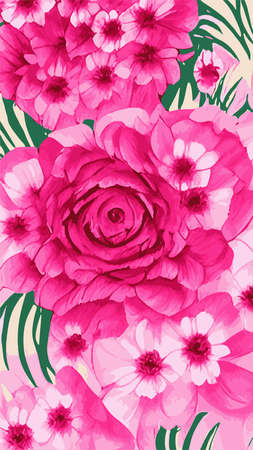 Vector bright drawing with stylized pink flowers. Cute summer background with flowers pattern. Floral pattern for fabric and paper with a spring and summer vibe. bright floral spots. Vertical Formatのイラスト素材