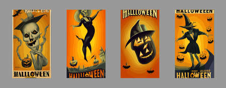 set vertical vector Halloween cards. Vector collection with pumpkins, castle, ghost, moon. Halloween party. Vector set Halloween invitations. vintage illustration for flyers, banners, poster templatesのイラスト素材