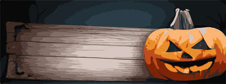 Scary pumpkin lantern with creepy toothy smile fiery glow inside realistic vintage traditional decoration, halloween celebration symbol. Creepy pumpkin with wooden board with copy space, bannerのイラスト素材