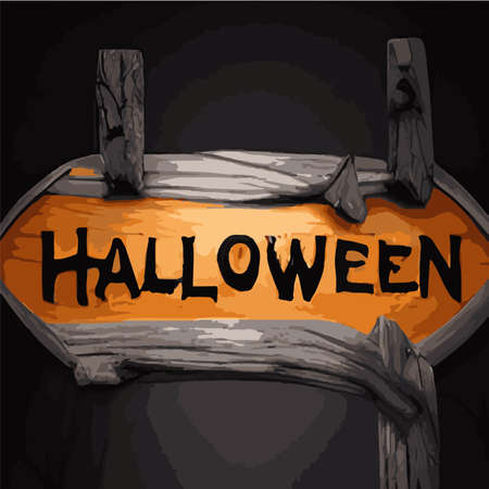 vertical autumn background with hanging wooden signboard, halloween pumpkins in gothic style. Vintage Style Vertical Posters ,Two Holiday Halloween Banners with Wooden Signのイラスト素材