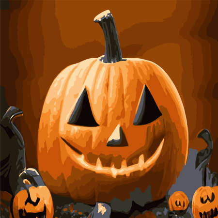 Scary pumpkin lantern with creepy toothy smile and fiery glow inside realistic vector illustration, vintage traditional decoration, halloween celebration symbolのイラスト素材