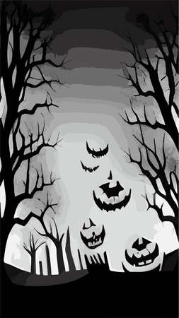 Retro style vector Halloween background with dark silhouette forest at night with graveyard with copy space, vertical poster for halloween holiday. Vector illustration Happy Halloween backgroundのイラスト素材