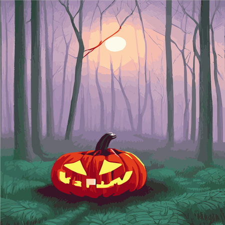 Web Halloween spooky traditional pumpkins in a dark misty night forest with blue mist. Halloween night backgroundのイラスト素材