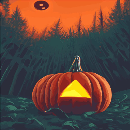 Web Halloween spooky traditional pumpkins in a dark misty night forest with blue mist. Halloween night backgroundのイラスト素材