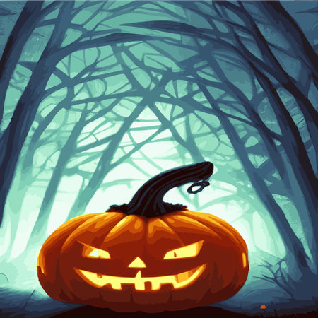 Web Halloween spooky traditional pumpkins in a dark misty night forest with blue mist. Halloween night backgroundのイラスト素材