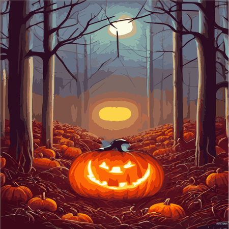 Web Halloween spooky traditional pumpkins in a dark misty night forest with blue mist. Halloween night backgroundのイラスト素材