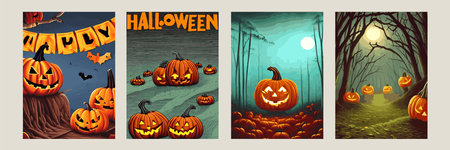 Halloween spooky traditional pumpkins dark misty night forest with blue mist Halloween night background with pumpkinのイラスト素材