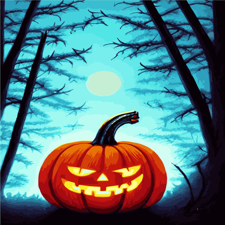 Web Halloween spooky traditional pumpkins in a dark misty night forest with blue mist. Halloween night backgroundのイラスト素材