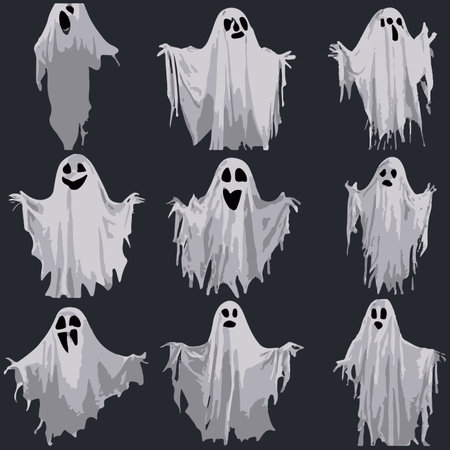 Set of spooky ghosts, spirits, scary halloween characters isolated on black background. Vector cartoon illustrationのイラスト素材