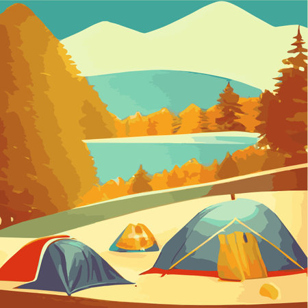 Autumn. Morning landscape in the mountains. Solitude in nature against the backdrop of mountains. Weekend in a tentのイラスト素材