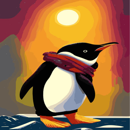 Print Vector poster with cute winter penguin in cozy clothes. Doodle illustration. Winter holidays, Illustration of familyのイラスト素材