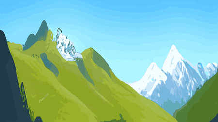 Spring landscape with mountain, blue sky and clouds, panorama green fields, fresh and peaceful rural nature in springのイラスト素材