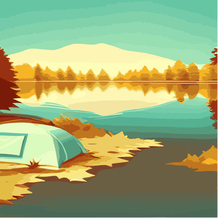 Autumn camp outdoors by the lake with tent vintage vector. Campground poster, mountain, river, illustration. Relaxationのイラスト素材