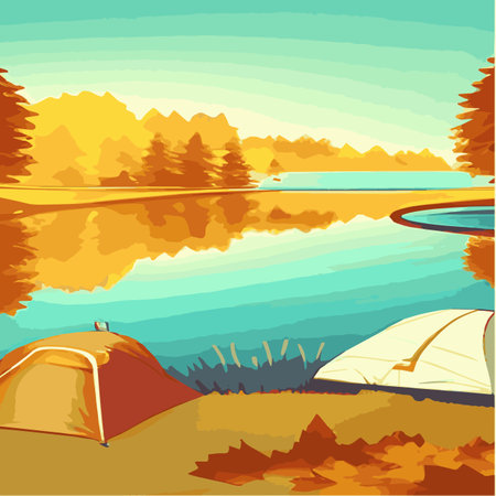 Autumn camp outdoors by the lake with tent vintage vector. Campground poster, mountain, river, illustration. Relaxationのイラスト素材