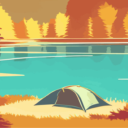Autumn camp outdoors by the lake with tent vintage vector. Campground poster, mountain, river, illustration. Relaxationのイラスト素材