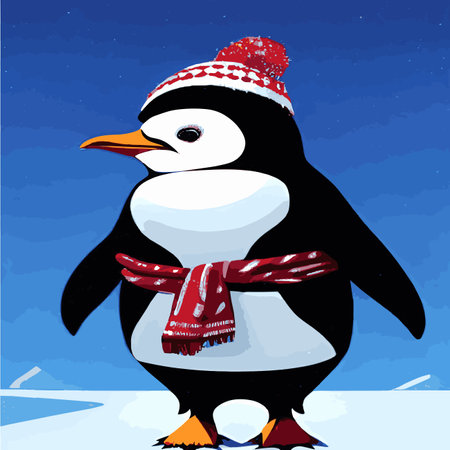 Print Vector poster with cute winter penguin in cozy clothes. Doodle illustration. Winter holidays, Illustration of familyのイラスト素材