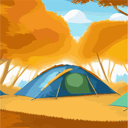 Vector illustration camping site with tent in autumn forest with wildlife trees Autumn mood square frame that can be used for print designs greeting cards Camping autumn scene Forest walking landscapeのイラスト素材