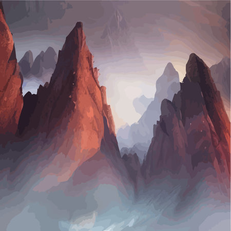 Realistic illustration of a mountain landscape with hills and coniferous forest under retro. Smoke mountains. vectorのイラスト素材