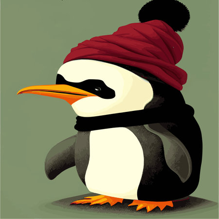 Print Vector poster with cute winter penguin in cozy clothes. Doodle illustration. Winter holidays, Illustration of familyのイラスト素材