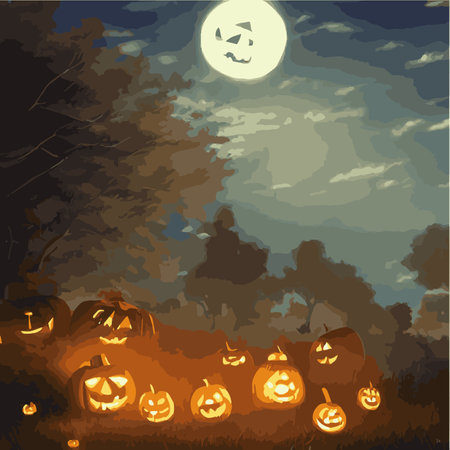 Halloween night in fantasy style. Happy Halloween background with scary pumpkin in graveyard with haunted houseのイラスト素材