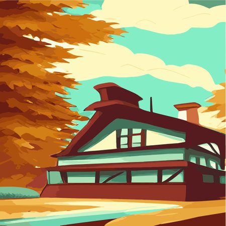 Autumn rural landscape in evening light with sunset, , vector cartoon of autumn countryside with forest tree, mapleのイラスト素材
